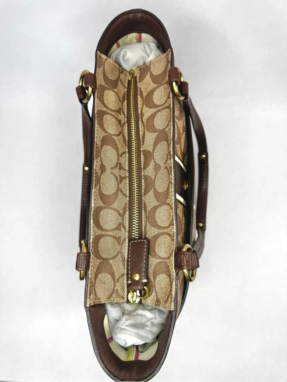 Coach Signature Stripe Tote Bag Brown Jacquard Canvas & Leather Shoulder Bag